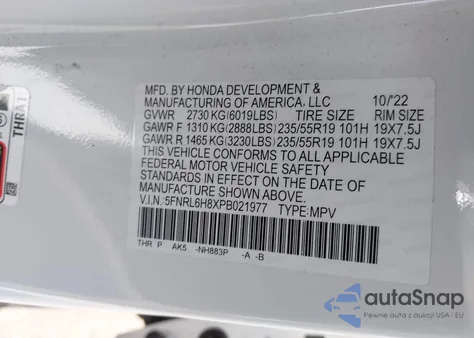 2023 Honda Odyssey Touring из США, поврежденный, VIN 5FNRL6H8XPB021977